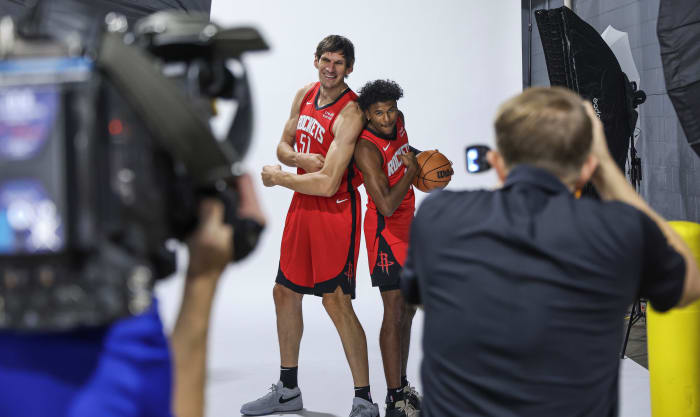 Houston Rockets center Boban Marjanovic (51) and guard Jalen Green (4) pose for a picture at Rockets media day at Toyota Center. Mandatory Credit: Troy Taormina-USA TODAY Sports.